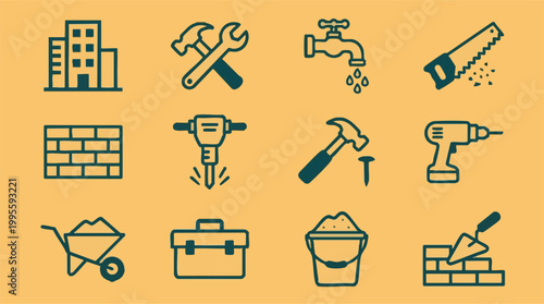 Construction and building tools line icons set on orange background