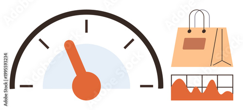 Retail performance, sales monitoring, customer analysis, business growth, efficiency tracking, profitability. Speed gauge, shopping bag and analytics chart. Retail performance and sales monitoring