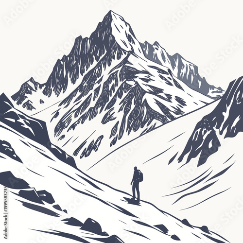 A lone hiker ascends a steep snow covered mountain slope silhouetted against a dramatic jagged peak backdrop in a monochrome style high quality professional detailed modern