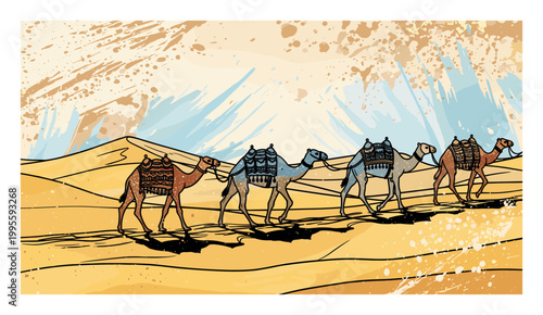 Caravan of Camels in Desert