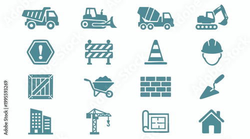 Construction and Building Industry Icons Set - Heavy Equipment and Tools