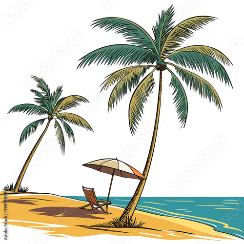 A vibrant illustration depicts a tropical beach scene with swaying palm trees a beach chair and a colorful parasol by the ocean high quality professional detailed
