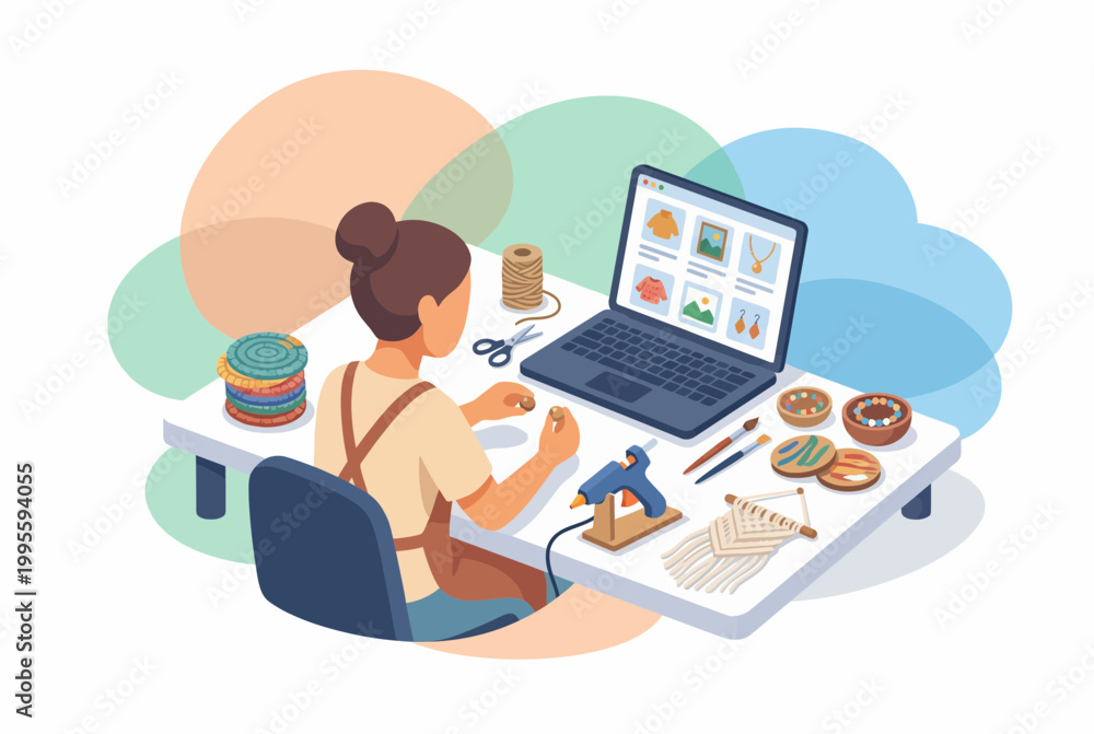 Fototapeta premium Creative woman selling handmade crafts online at home workspace