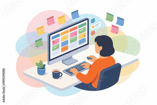 Woman managing side hustle projects on desktop computer workspace