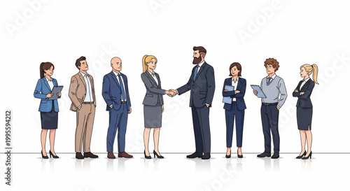 Illustrative depiction of a crucial business agreement between two professionals, symbolizing a strong partnership and successful collaboration among a diverse corporate team