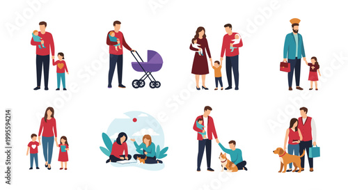Various illustrations of diverse families including single parents, couples with infants, and groups with pets, showcasing modern household units.