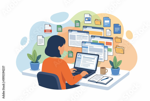 Woman managing side hustle and digital files at her laptop desk