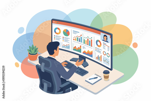 Side Hustle Digital Workspace with Man Analyzing Data Charts