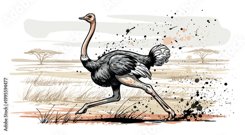 Running Ostrich in the Savannah