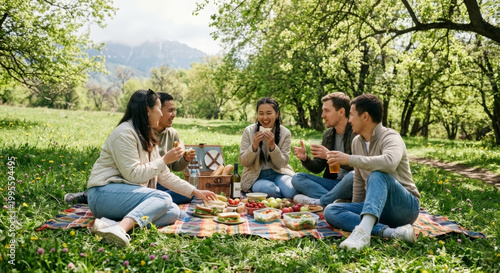 Group of happy friends enjoying a picnic on a lush green meadow under spring sunlight