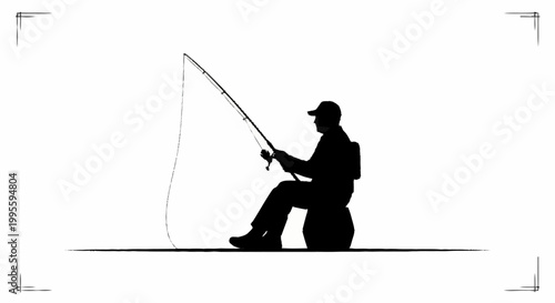 A silhouette of a man sitting and fishing with a rod