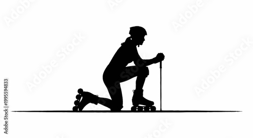 A woman in a kneeling position wearing rollerblades and a helmet