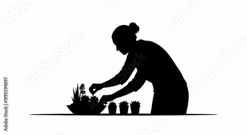A woman tends to her plants in a serene gardening environment
