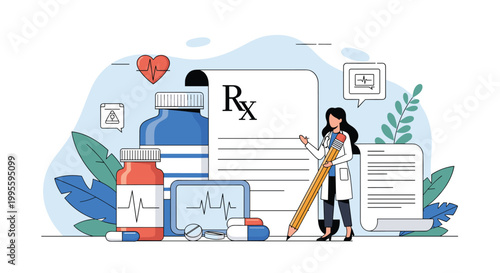 Female pharmacist stands next to a large prescription pad and medicine bottles, representing healthcare services and pharmaceutical care.