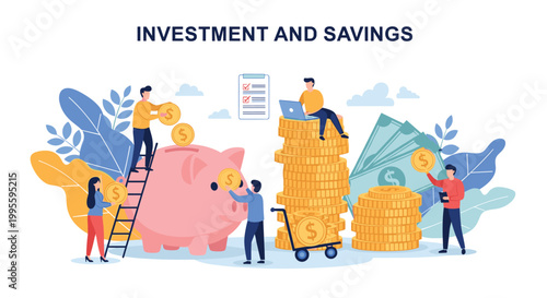 Group of people works together to deposit gold coins into a large pink piggy bank, representing shared investment and personal savings goals.