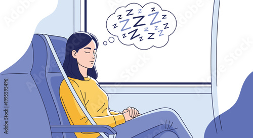 Tired woman sleeping peacefully in her seat during a train or bus journey with a thought bubble showing sleep signs.