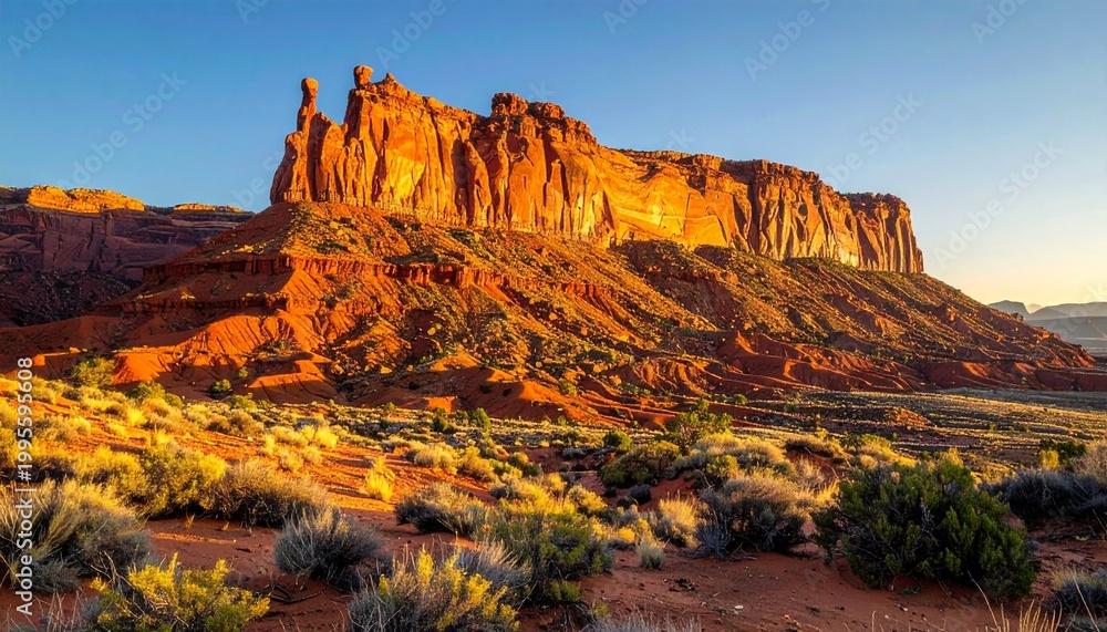 Naklejka premium Breathtaking view of massive red sandstone rock formations glowing in the golden sunlight at sunset in a vast and arid desert landscape scenery.