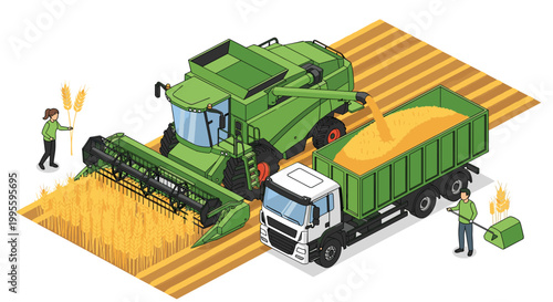 Large green combine harvester machine working in a wheat field and discharging grain into a nearby transport truck.