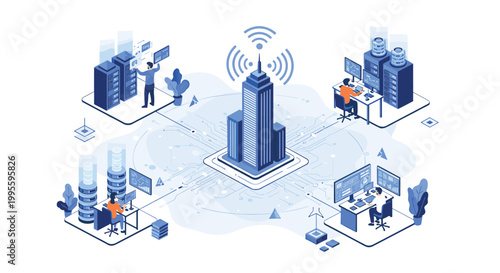 Isometric digital network showing data centers, office workers, and a central smart building with wireless signals.