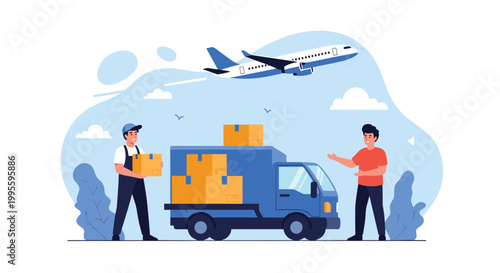 Delivery service worker loading boxes into a blue truck with a customer standing nearby and a plane overhead.