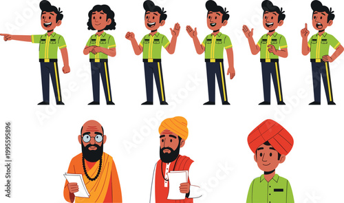 Indian character vector set with security guard in uniform multiple poses and traditional turban men in cultural ethnic costume illustration collection