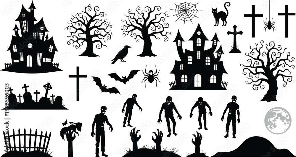 Obraz premium Halloween silhouette collection with zombies haunted houses spooky trees graveyard crosses bats black cat crow and full moon for scary designs