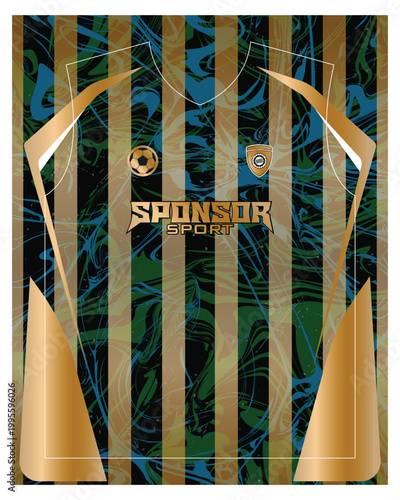 Green and gold soccer jersey template with sponsor logo placeholder, sportswear