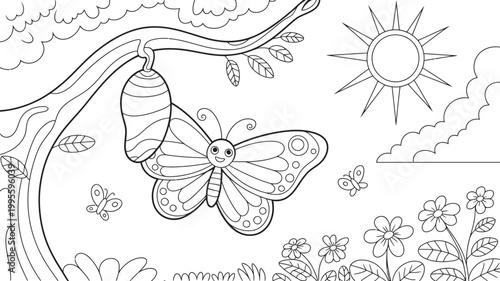 Outline of butterfly emerging from chrysalis on a tree branch with line art coloring page black and white