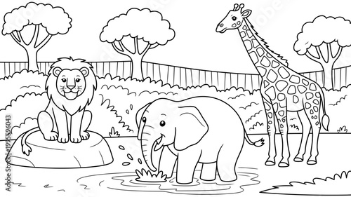 Line art illustration of zoo animals: lion elephant giraffe with watering hole coloring page black and white