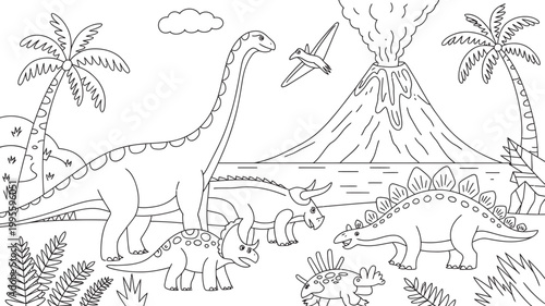 Dinosaurs and erupting volcano in prehistoric landscape outline with line art coloring page black and white