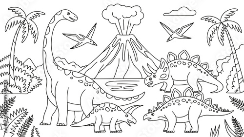 Cartoon dinosaur scene with volcano pterodactyls palm trees outline dinosaur pterodactyl prehistoric