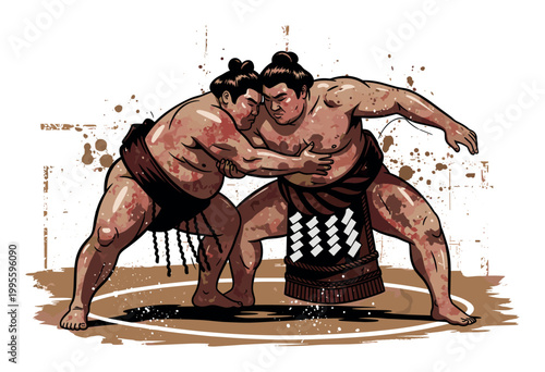 Sumo Wrestlers Grappling in Ring