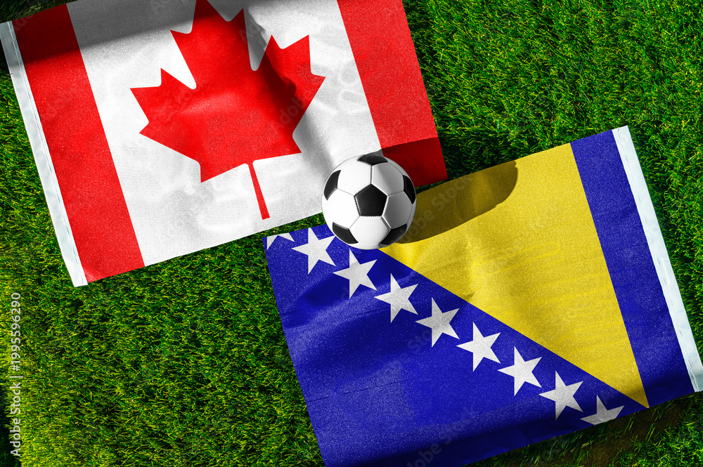 Naklejka premium Canada vs Bosnia and Herzegovina, national flags before world championship Group B group stage match, football on green pitch with goal in the background, Toronto, Canada, June 12, 2026