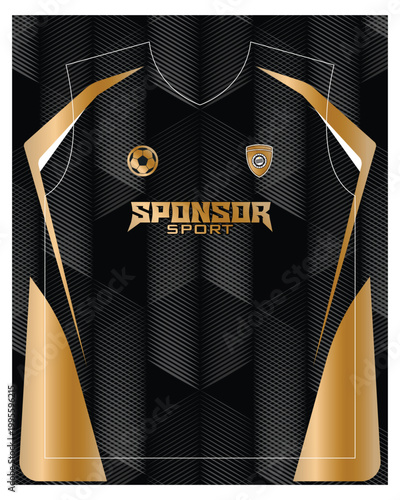 Modern black football jersey with gold stripes and sponsor graphic, soccer jerse