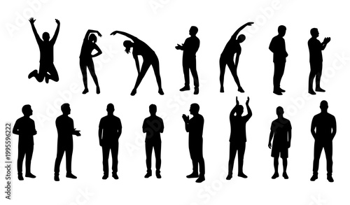 Dynamic people silhouettes in diagonal layout showing celebration exercise and standing poses vector illustration isolated on white