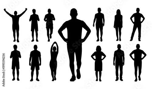 Minimal human silhouette set with celebrating exercising and standing poses bold vector illustration isolated on white background
