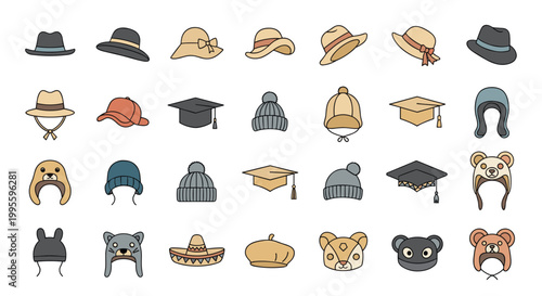 Collection of various hats including winter beanies, baseball caps, graduation caps, and fun animal themed hats.