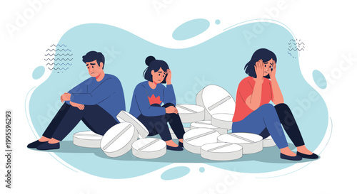 Three young people sitting on the floor looking sad and depressed while surrounded by giant white medicine pills.