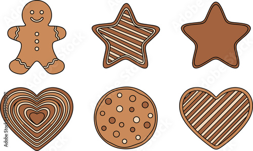 Cute gingerbread cookie vector set with man, star, heart, round shapes and icing pattern Christmas holiday sweet bakery food decoration collection