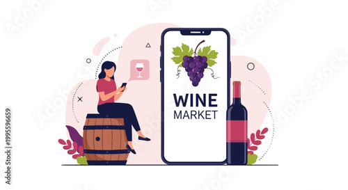 Young woman sitting on a wooden barrel and using a mobile app to browse and buy wine from an online marketplace store.