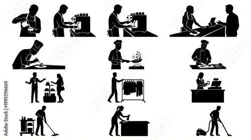 Massive collection of service industry worker silhouettes featuring baristas, chefs, retail sales associates, and professional cleaning staff performing various hospitality and maintenance t