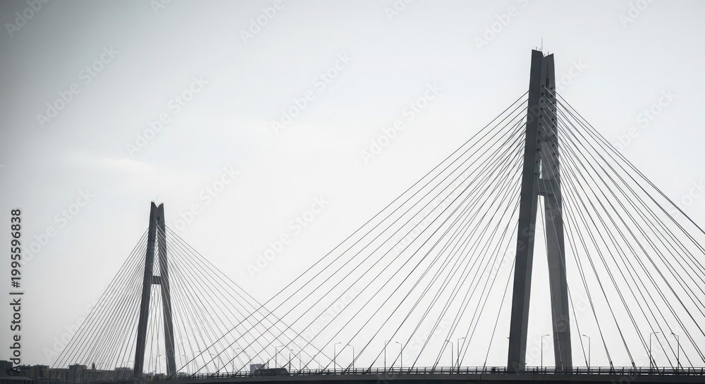 Obraz premium Striking modern cable-stayed bridge with geometric design and towering supports against a bright sky