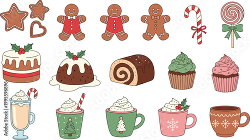 Cute Christmas sweet and dessert vector set with gingerbread man, cake, pudding, cupcake, candy cane, lollipop, hot cocoa holiday food collection