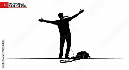 A silhouette of a man playing a harmonica with his arms outstretched
