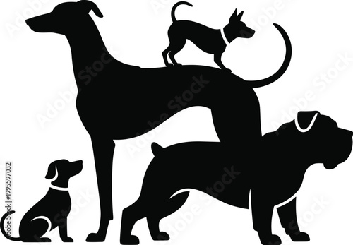 Dog Silhouettes Collection Featuring Multiple Breeds and Sizes Vector Illustration for Pet Lovers and Animal Design