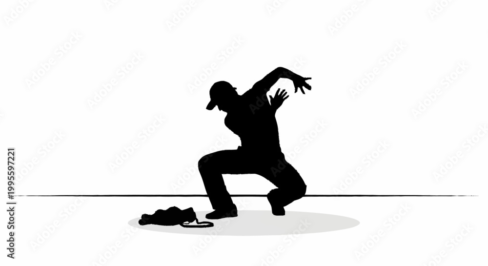 Fototapeta premium A silhouette of a man dancing in a dynamic pose on the floor