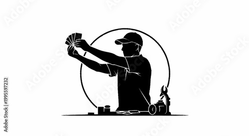 A black silhouette of a man holding cards in a circular design