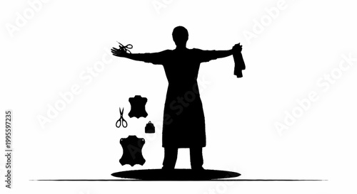A silhouette of a tailor standing with scissors and clothes