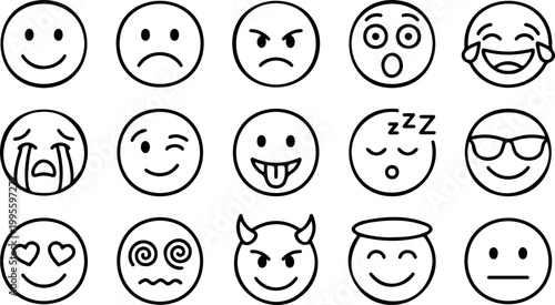 A set of various emoticon faces in a vector graphic illustration
