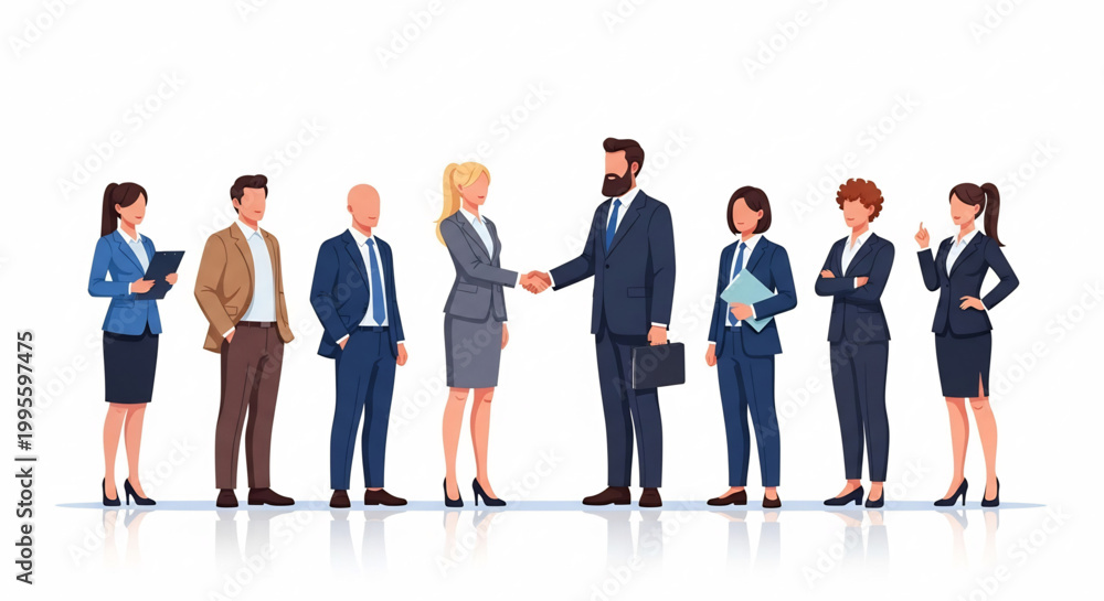 Obraz premium Business professionals shaking hands, a symbol of partnership and agreement, with a diverse team standing around them